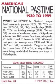 1985 Big League Collectibles America's National Pastime #28 Arthur Pinky Whitney Back