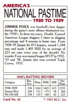 1985 Big League Collectibles America's National Pastime #61 Jimmie Foxx Back