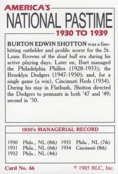 1985 Big League Collectibles America's National Pastime #66 Burton Shotton Back