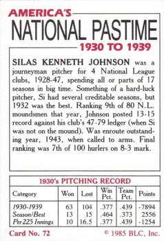 1985 Big League Collectibles America's National Pastime #72 Silas Kenneth Johnson Back