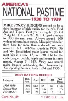 1985 Big League Collectibles America's National Pastime #89 Mike Pinky Higgins Back