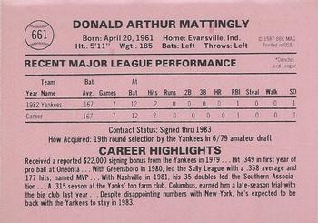 1987 Baseball Cards Magazine Repli-cards #661 Don Mattingly Back
