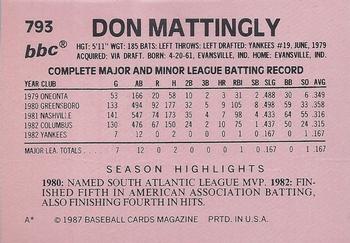 1987 Baseball Cards Magazine Repli-cards #793 Don Mattingly Back