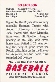 1987 Baseball Cards Magazine Repli-cards #2 Bo Jackson Back