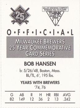 1994 Miller Brewing Milwaukee Brewers #NNO Bob Hansen Back