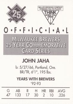 1994 Miller Brewing Milwaukee Brewers #NNO John Jaha Back