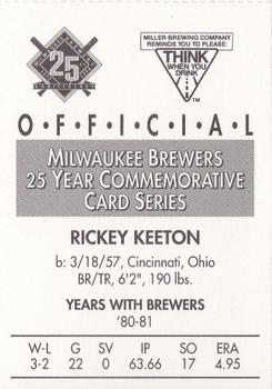 1994 Miller Brewing Milwaukee Brewers #NNO Rickey Keeton Back