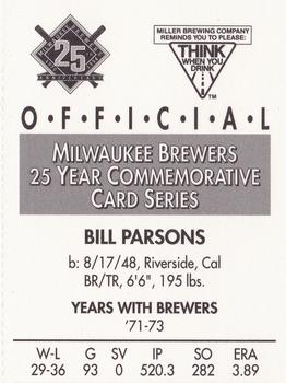 1994 Miller Brewing Milwaukee Brewers #NNO Bill Parsons Back