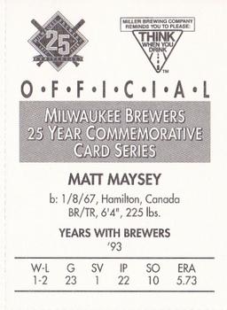 1994 Miller Brewing Milwaukee Brewers #NNO Matt Maysey Back