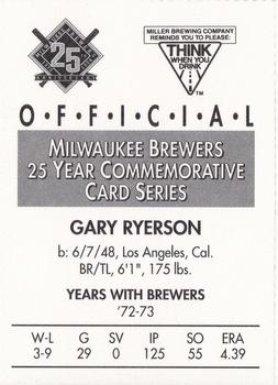 1994 Miller Brewing Milwaukee Brewers #NNO Gary Ryerson Back
