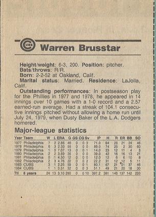 1984 Chicago Tribune Chicago Cubs #NNO Warren Brusstar Back