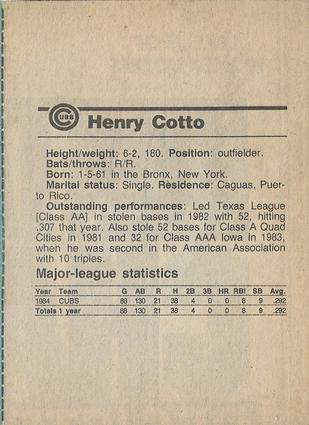 1984 Chicago Tribune Chicago Cubs #NNO Henry Cotto Back