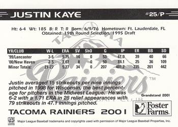 2001 Grandstand Tacoma Rainiers #NNO Justin Kaye Back