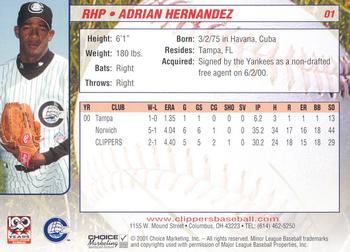 2001 Choice Columbus Clippers #01 Adrian Hernandez Back
