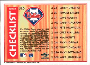 1995 Score - Gold Rush #326 Checklist: Yankees / Phillies Back