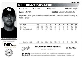 2008 Choice Atlantic City Surf #12 Billy Kovatch Back