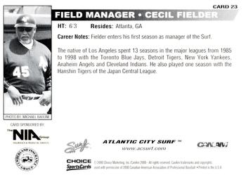 2008 Choice Atlantic City Surf #23 Cecil Fielder Back
