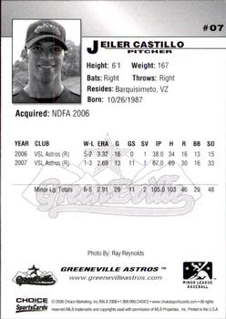 2008 Choice Greeneville Astros #7 Jeiler Castillo Back