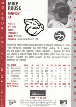 2008 MultiAd Lehigh Valley IronPigs #17 Mike Rouse Back