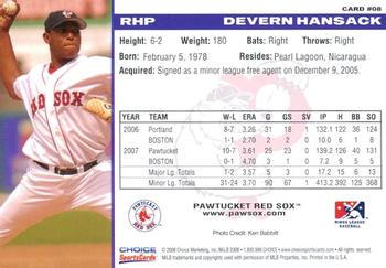 2008 Choice Pawtucket Red Sox #8 Devern Hansack Back