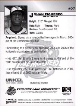 2008 Choice Vermont Lake Monsters #7 Johan Figuereo Back
