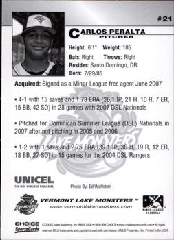 2008 Choice Vermont Lake Monsters #21 Carlos Peralta Back
