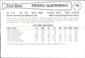 1978 Cramer Albuquerque Dukes #11 Pedro Guerrero Back