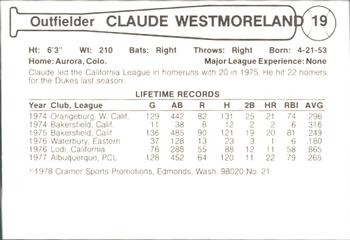 1978 Cramer Albuquerque Dukes #21 Claude Westmoreland Back