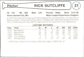 1978 Cramer Albuquerque Dukes #51 Rick Sutcliffe Back