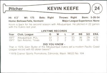1978 Cramer Albuquerque Dukes #104 Kevin Keefe Back