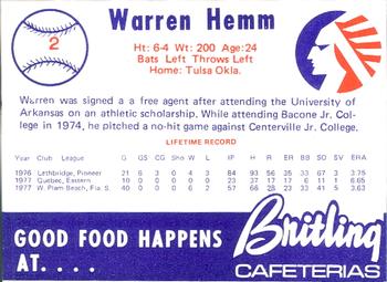 1978 Britling Cafeterias Memphis Chicks #2 Warren Hemm Back