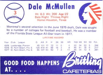 1978 Britling Cafeterias Memphis Chicks #3 Dale McMullen Back