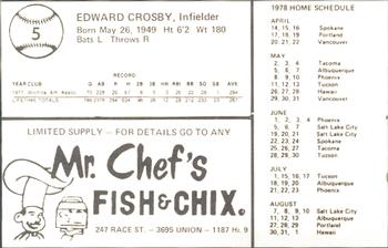 1978 Mr. Chef's San Jose Missions #5 Ed Crosby Back