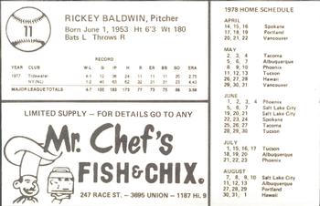 1978 Mr. Chef's San Jose Missions #11 Rick Baldwin Back
