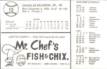 1978 Mr. Chef's San Jose Missions #12 Charlie Beamon Back