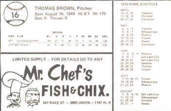 1978 Mr. Chef's San Jose Missions #16 Tom Brown Back
