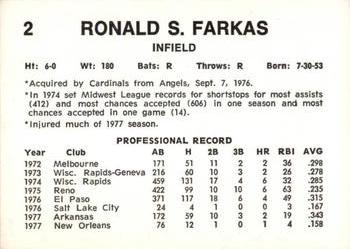 1978 Wiener King Springfield Redbirds #2 Ron Farkas Back
