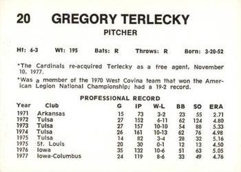 1978 Wiener King Springfield Redbirds #20 Gregory Terlecky Back