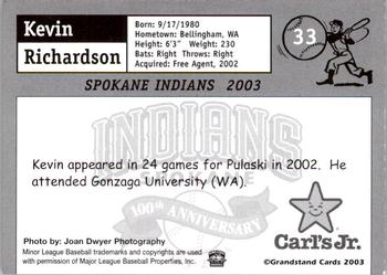 2003 Grandstand Spokane Indians #NNO Kevin Richardson Back