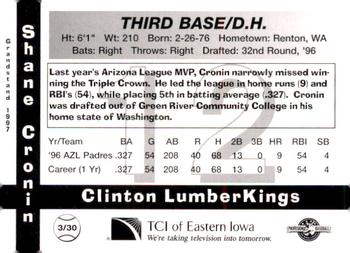 1997 Grandstand Clinton LumberKings #3 Shane Cronin Back