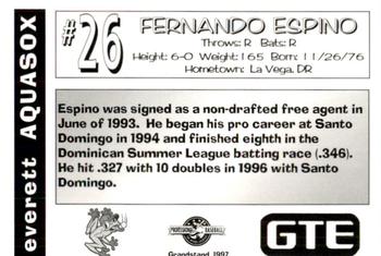 1997 Grandstand Everett AquaSox #NNO Fernando Espino Back