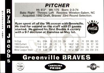 1997 Grandstand Greenville Braves #NNO Ryan Jacobs Back