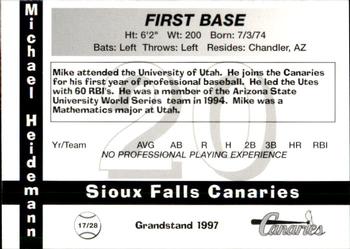 1997 Grandstand Sioux Falls Canaries #NNO Michael Heidemann Back