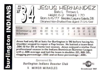 1997 Grandstand Burlington Indians #NNO Jesus Hernandez Back