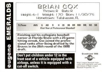 1998 Grandstand Eugene Emeralds #NNO Brian Cox Back