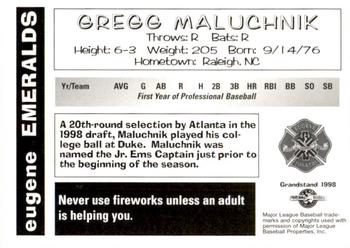 1998 Grandstand Eugene Emeralds #NNO Gregg Maluchnik Back