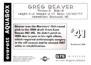 1998 Grandstand Everett AquaSox #NNO Greg Beaver Back