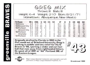 1998 Grandstand Greenville Braves #NNO Greg Mix Back