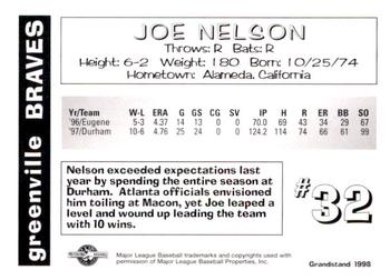 1998 Grandstand Greenville Braves #NNO Joe Nelson Back