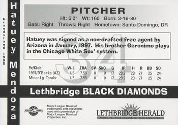 1998 Grandstand Lethbridge Black Diamonds #NNO Hatuey Mendoza Back